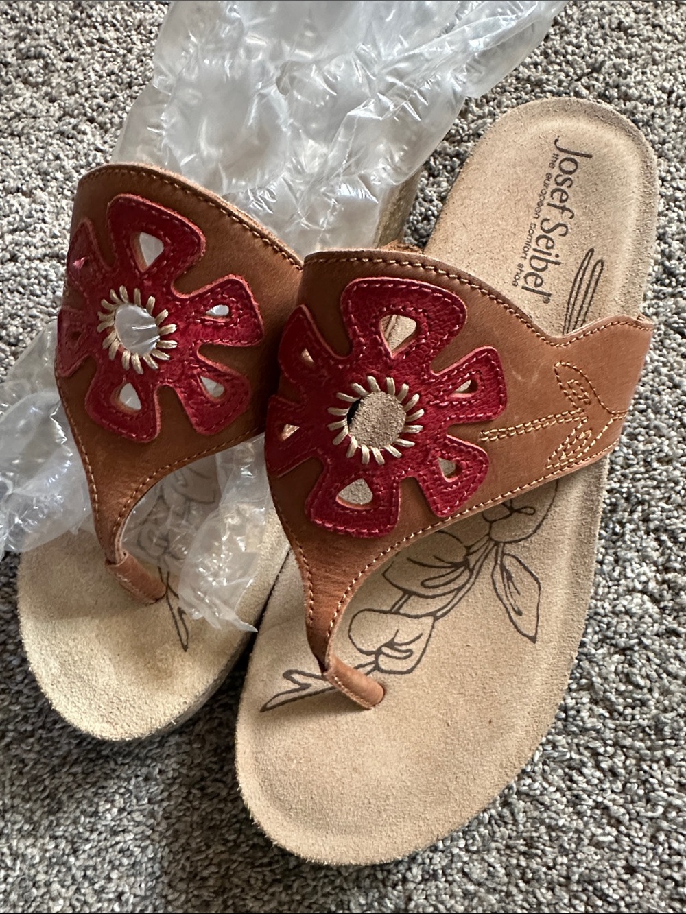 Josef Seibel Tan Leather Thong Sandals with Red Floral Cutout